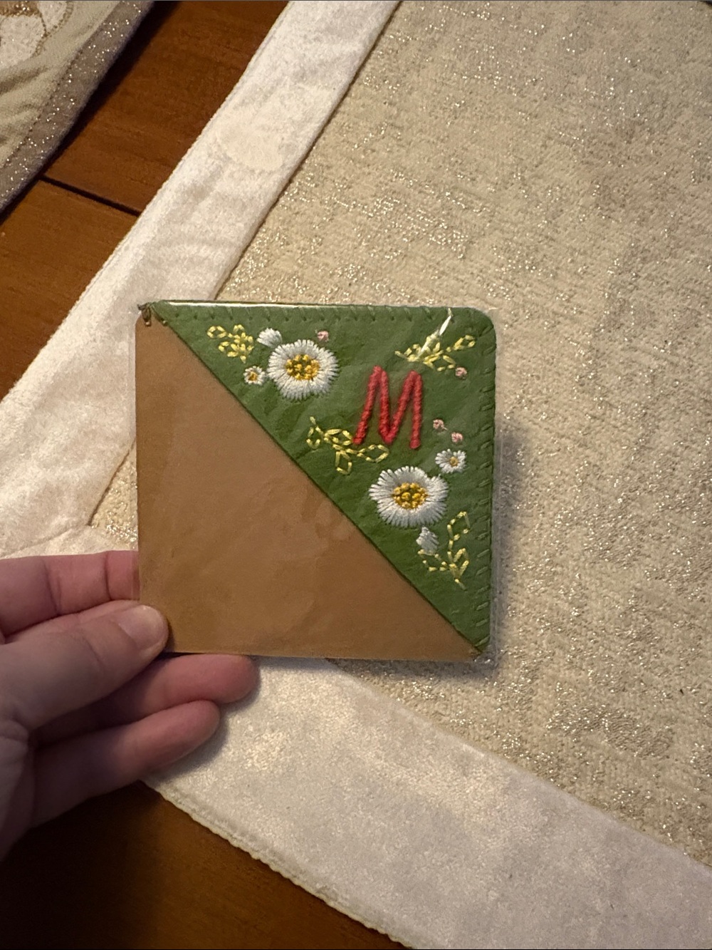 Embroidered corner bookmark
